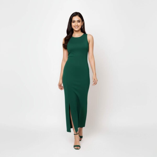 Model wearing a sleeveless forest green bodycon dress with side slit, styled for a chic and elegant look.