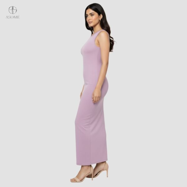 Model wearing a Lavender Bodycon Dress styled with nude heels for a sleek and elegant look