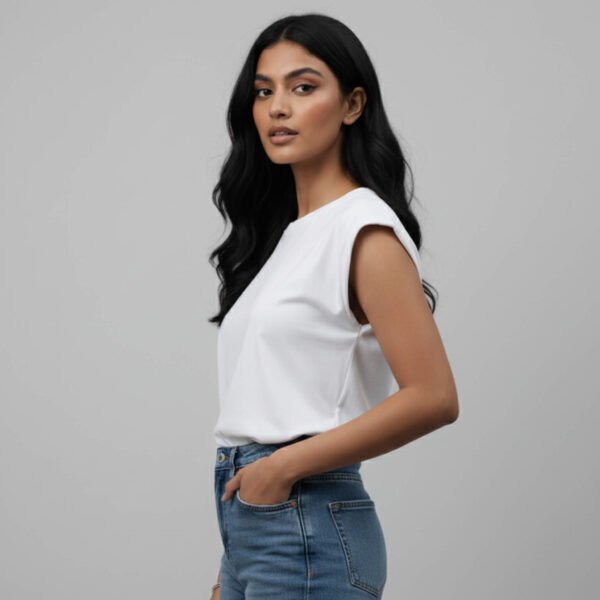 Back view of Asome white sleeveless cotton t-shirt with “You Are Gold, Baby. Solid Gold.” printed text.