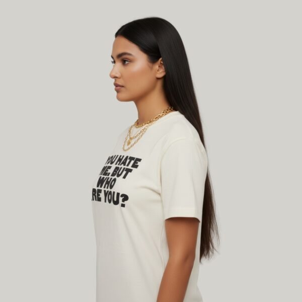 Front view of Asome cream cotton t-shirt with bold black chest print design.