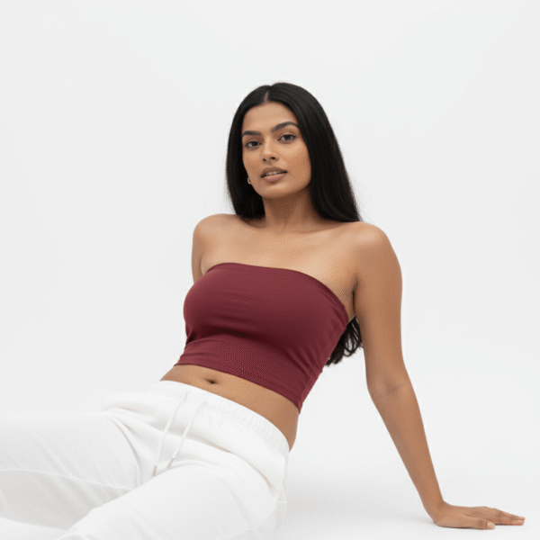 Maroon tube top for women, stylish and comfortable fit, perfect for casual or evening wear.