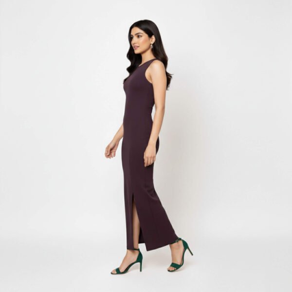 Violet bodycon dress with a sleek, curve-hugging fit, ideal for parties and casual outings, showcasing modern elegance and style.