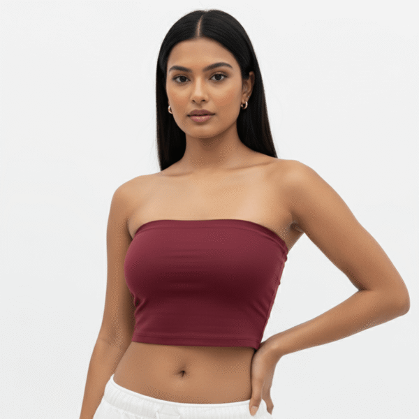 Maroon tube top for women, stylish and comfortable fit, perfect for casual or evening wear.