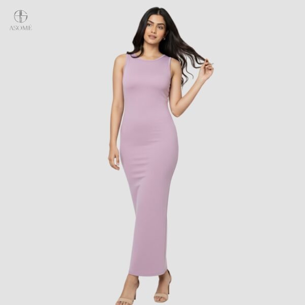 Model wearing a Lavender Bodycon Dress styled with nude heels for a sleek and elegant look