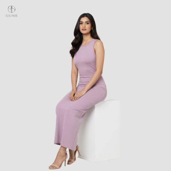 Model wearing a Lavender Bodycon Dress styled with nude heels for a sleek and elegant look