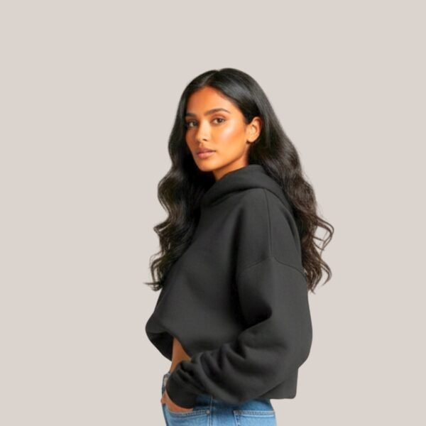 Front view of Asome black plain short hoodie with relaxed fit.