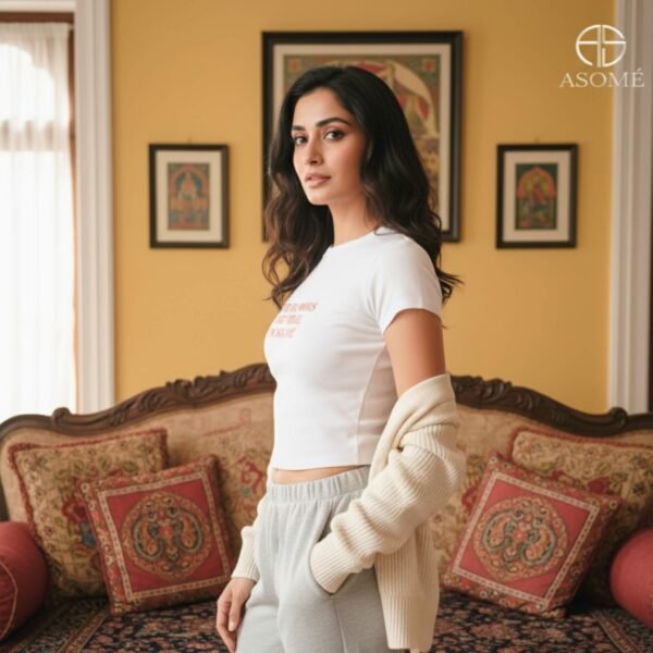 Woman wearing ASOMÉ white printed crop T-shirt with red text design, casual fashion style.