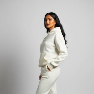 Front view of a soft white hoodie with a relaxed fit, perfect for casual wear and everyday comfort.