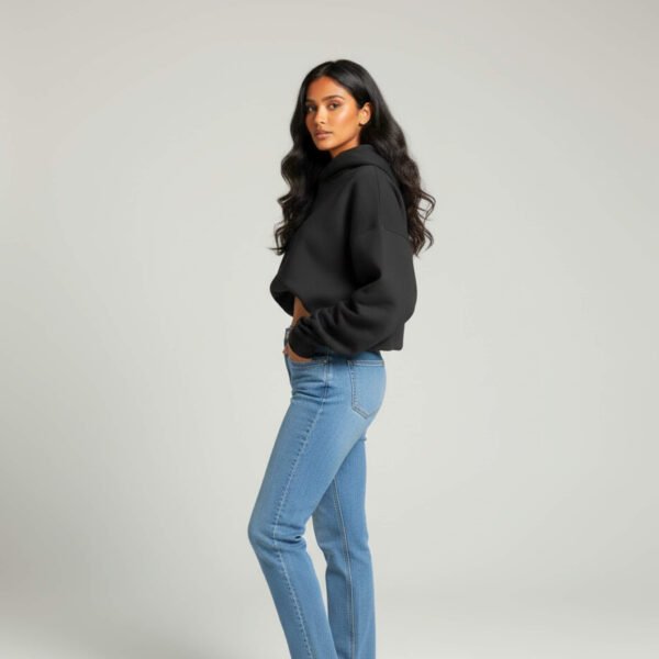 Front view of Asome black plain short hoodie with relaxed fit.