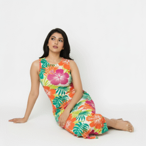Tropical Hibiscus Print Sleeveless Midi Dress with Slit